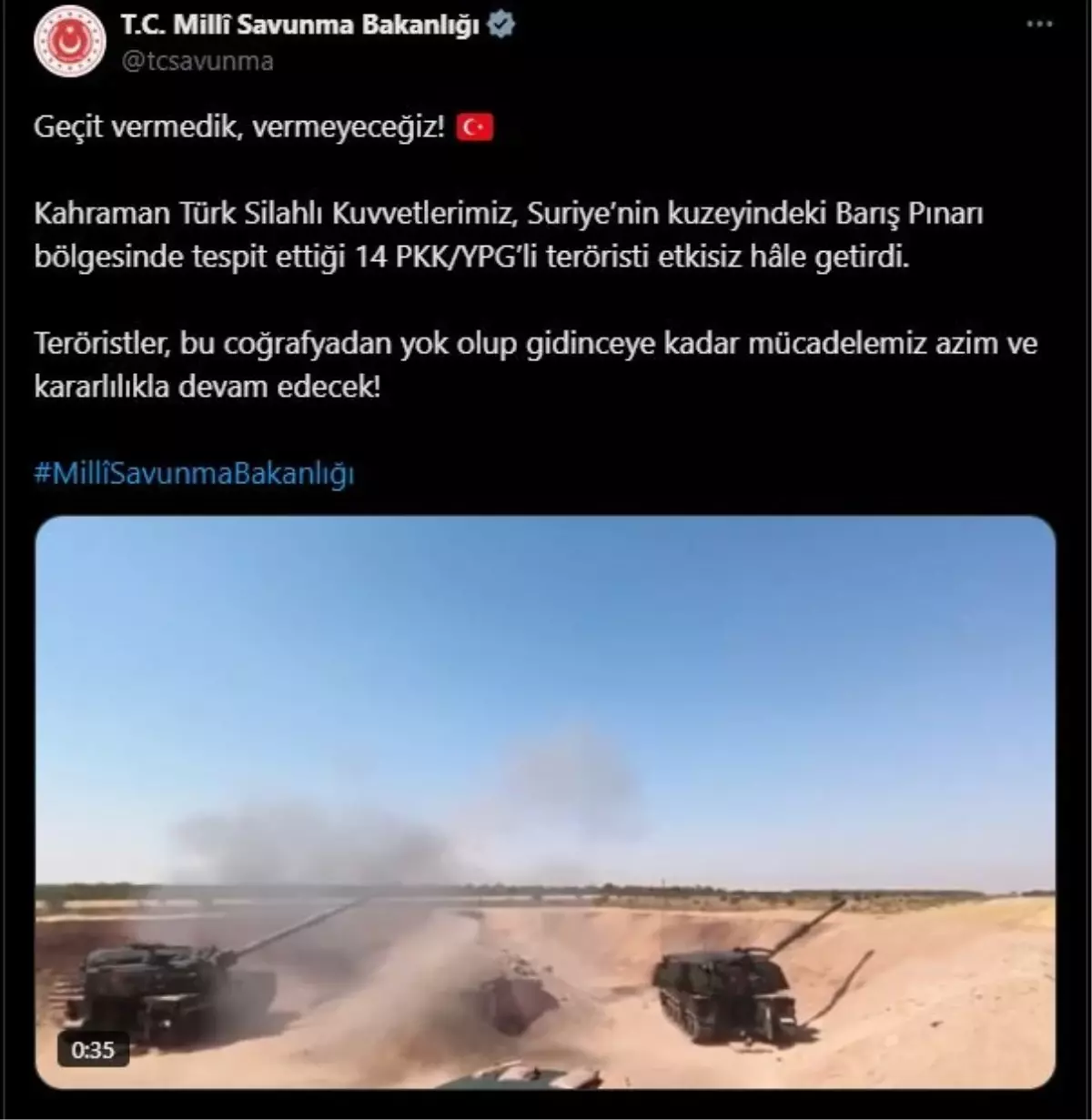 MSB: Suriye’nin Kuzeyinde 14 PKK/YPG’li Terörist Etkisiz Hale Getirildi